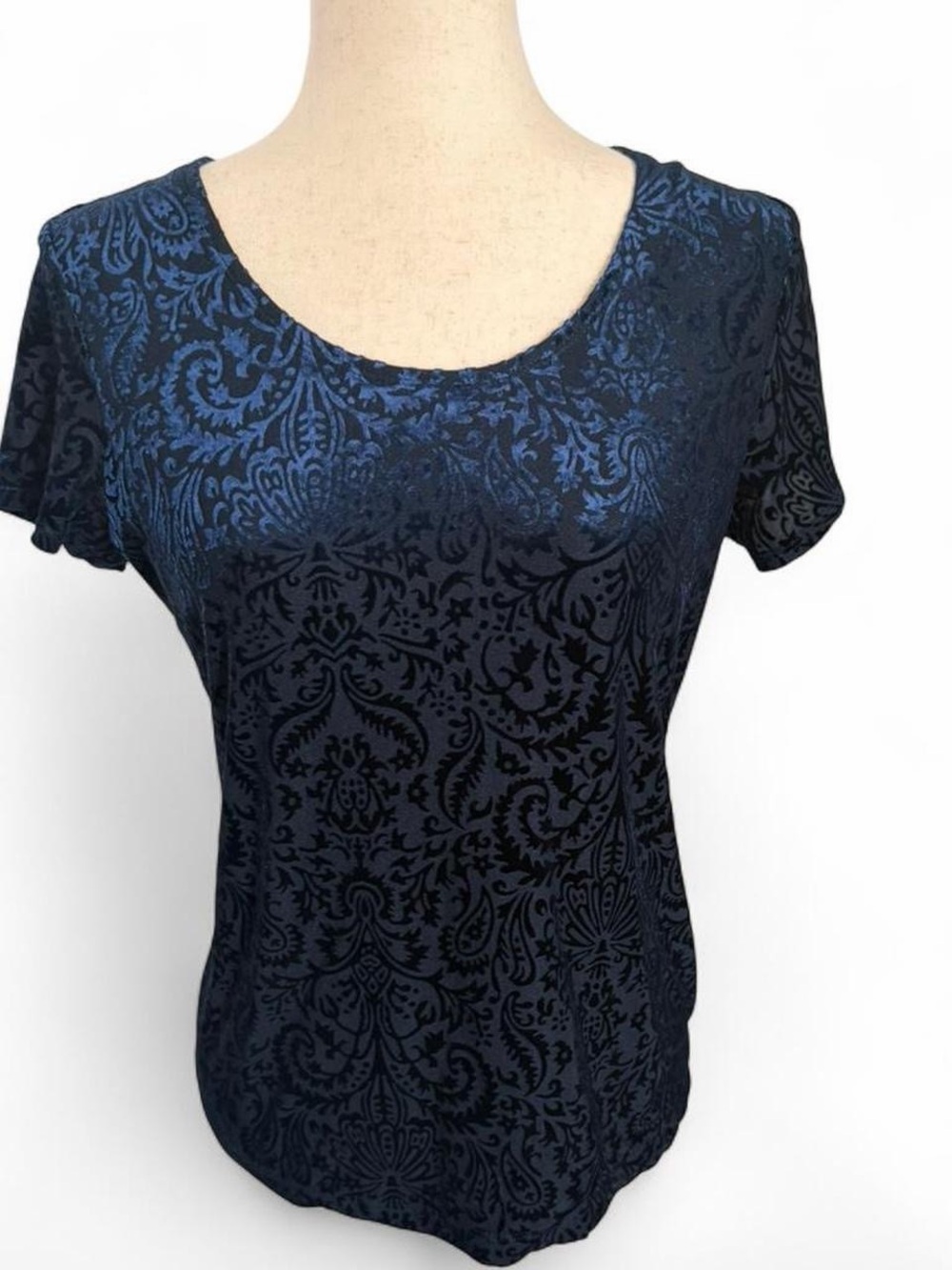 90s Vintage Navy Burnout Velvet Sheer Back Paisley Fairy WhimsyGoth Top Large